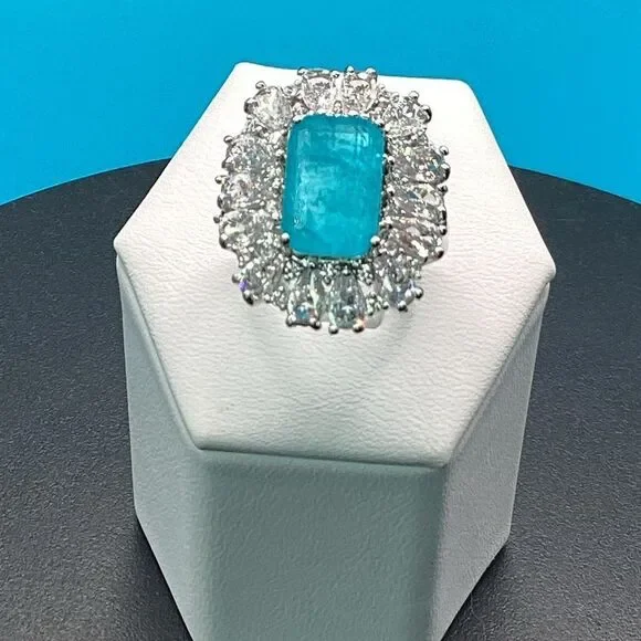 Gorgeous Vintage-Inspired Simulated Paraiba Tourmaline & CZ Halo Statement Ring